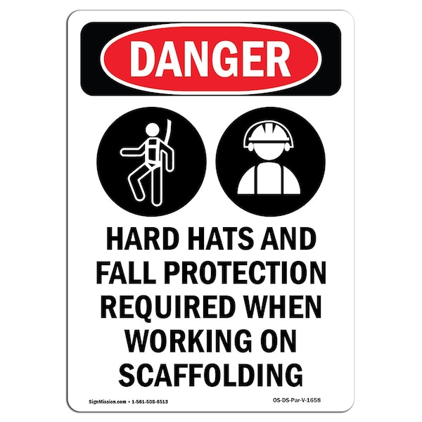 OSHA Danger Sign, Hard Hats And Fall, 14in X 10in Aluminum, 10" W, 14" H, Portrait